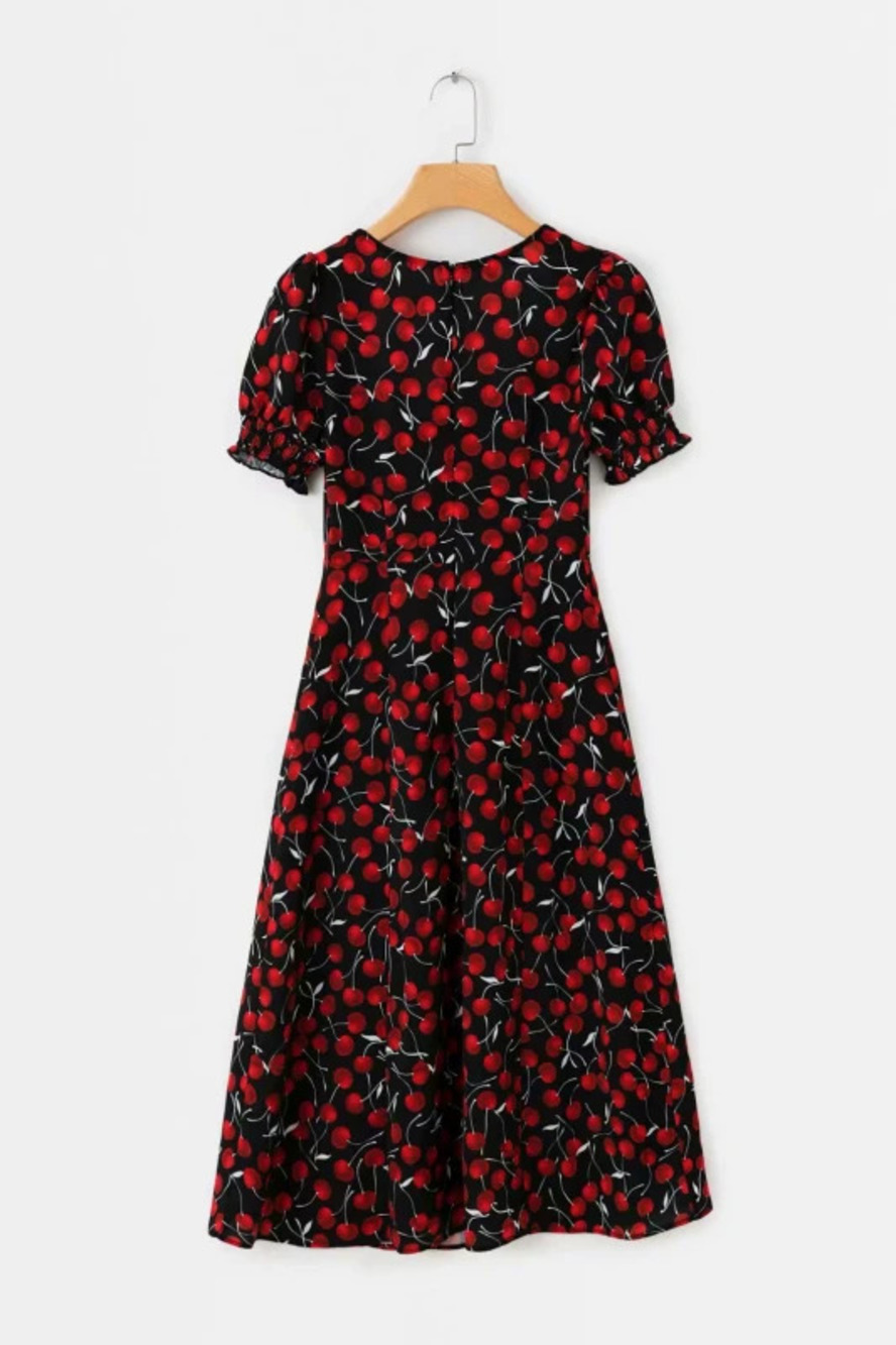 ZARA Cherry Print Short Sleeve Slit Dress